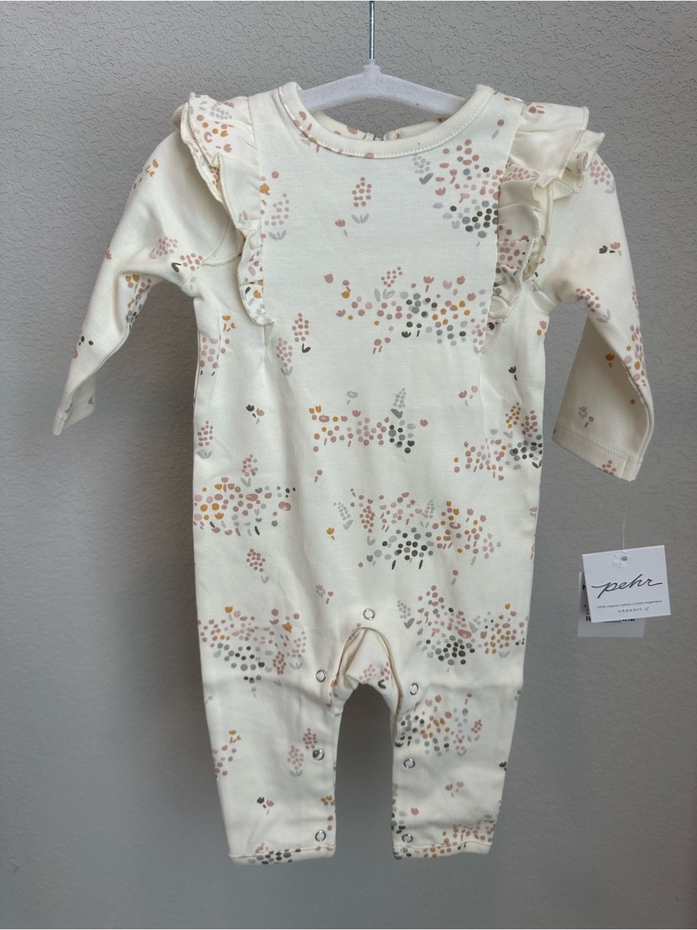 Nordstrom Pehr Cream Floral Ruffle Footie with Pink and Tan Dots